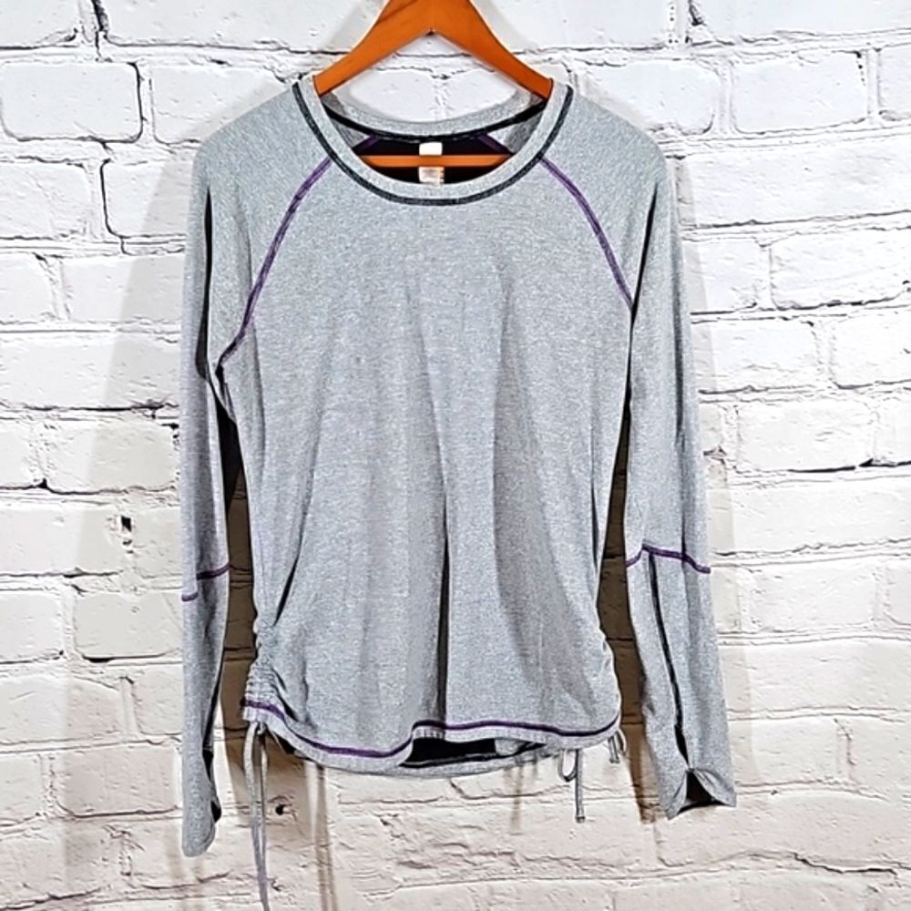 Lucy Light Gray Long Sleeve Tee with Purple Stitching